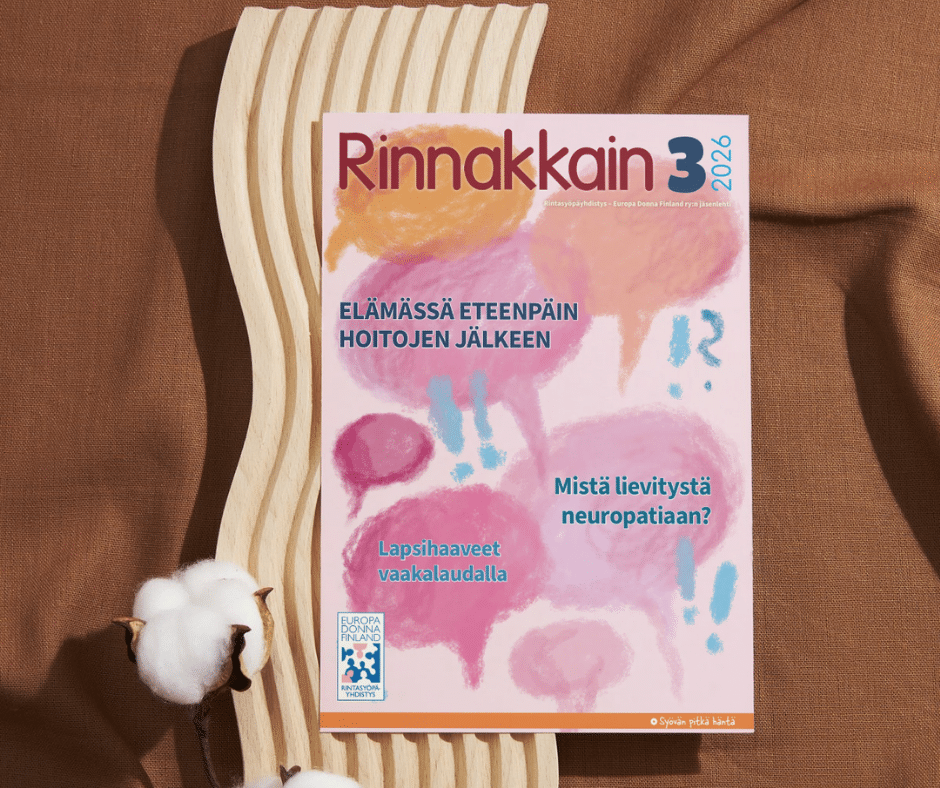 Rintasyöpäyhdistys - Europa Donna Finland ry:n Rinnakkain-jäsenlehti 3/2026 pöydälle laskettuna.